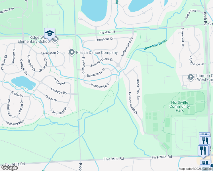 map of restaurants, bars, coffee shops, grocery stores, and more near 48978 Rainbow Lane South in Northville