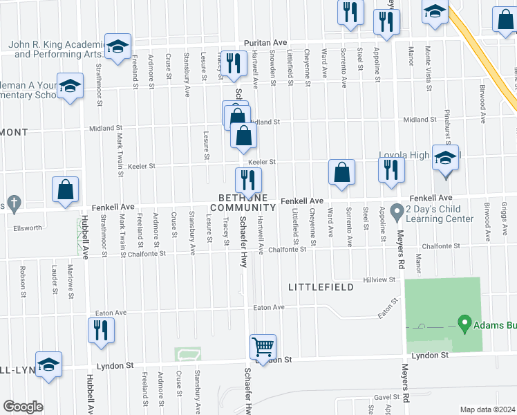 map of restaurants, bars, coffee shops, grocery stores, and more near 13501 Fenkell Avenue in Detroit
