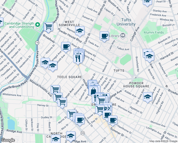 map of restaurants, bars, coffee shops, grocery stores, and more near 1060 Broadway in Somerville