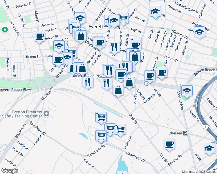 map of restaurants, bars, coffee shops, grocery stores, and more near 447 2nd Street in Everett