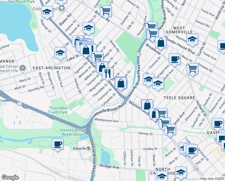 map of restaurants, bars, coffee shops, grocery stores, and more near 54 Massachusetts Avenue in Arlington