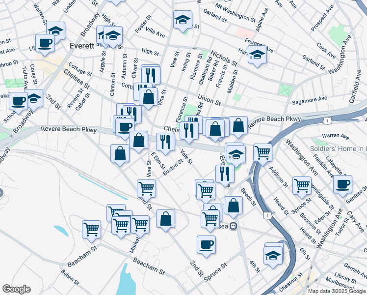 map of restaurants, bars, coffee shops, grocery stores, and more near 1744 Massachusetts 16 in Everett