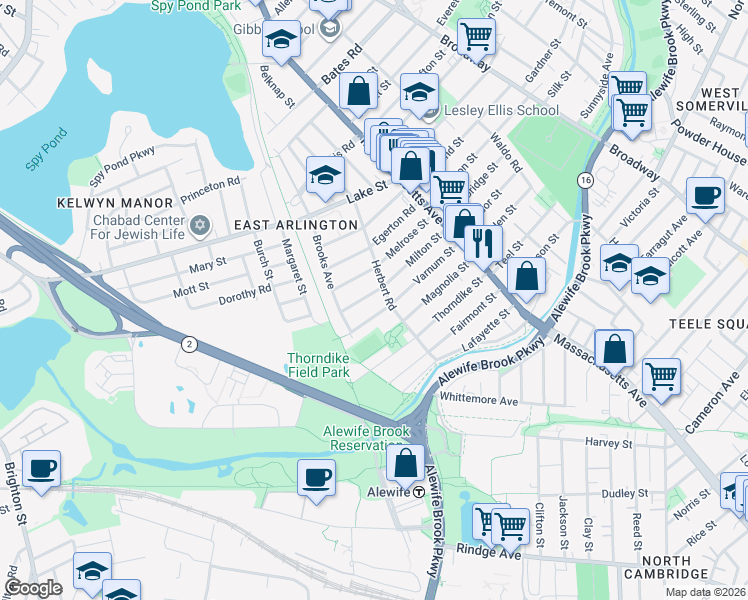 map of restaurants, bars, coffee shops, grocery stores, and more near 88 Milton Street in Arlington