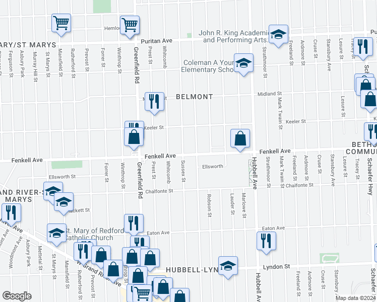 map of restaurants, bars, coffee shops, grocery stores, and more near 15130 Fenkell Avenue in Detroit