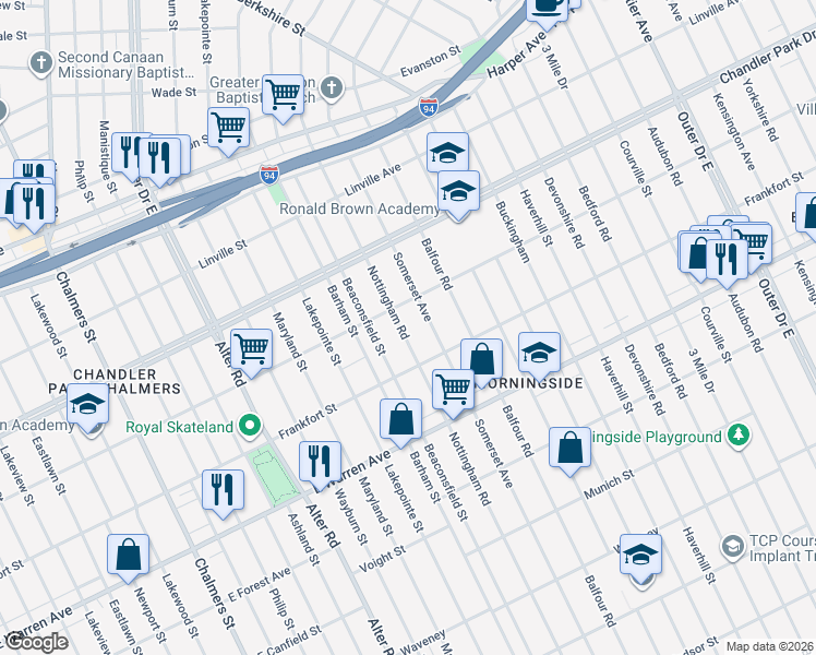 map of restaurants, bars, coffee shops, grocery stores, and more near 5274 Nottingham Road in Detroit