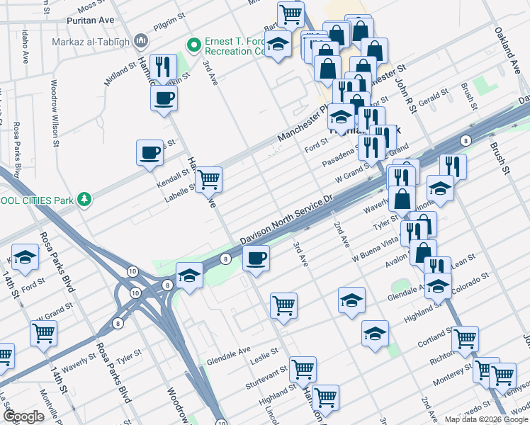 map of restaurants, bars, coffee shops, grocery stores, and more near 198 West Grand Street in Highland Park