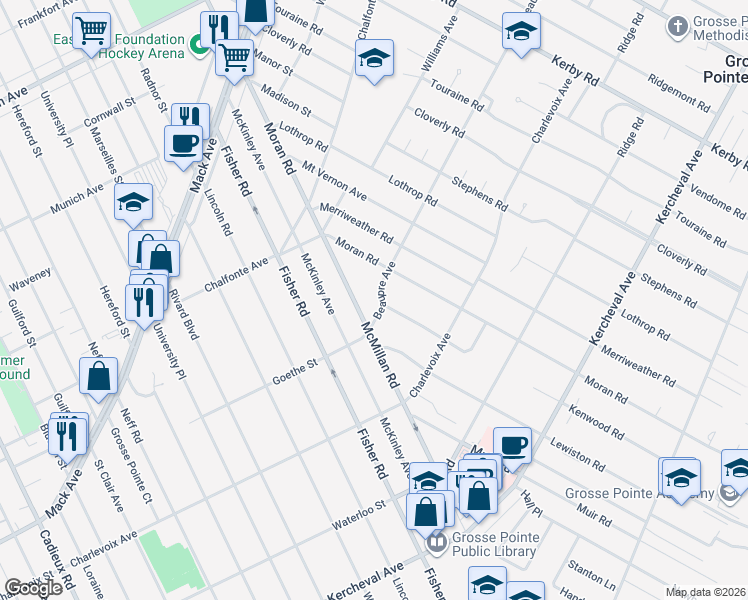 map of restaurants, bars, coffee shops, grocery stores, and more near 177 Beaupre Avenue in Grosse Pointe Farms