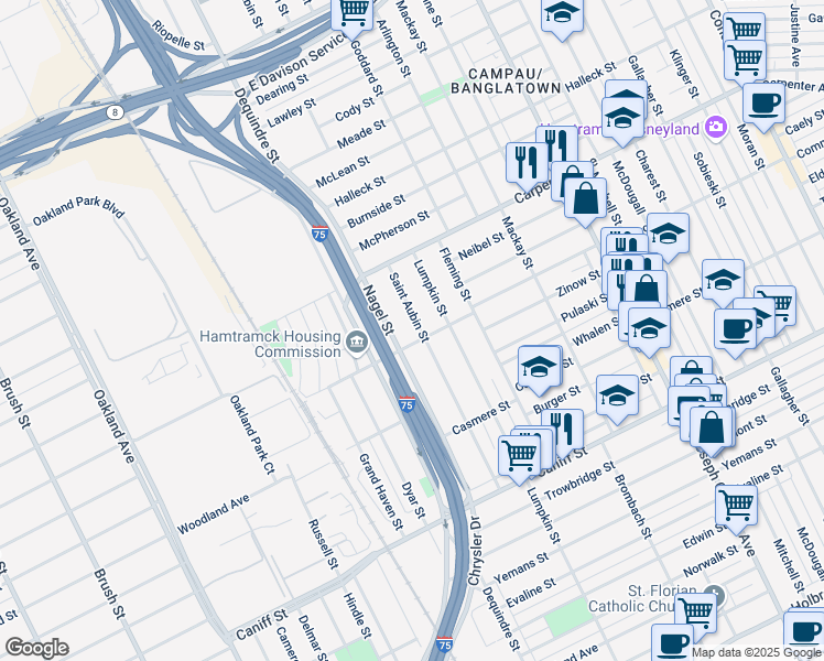 map of restaurants, bars, coffee shops, grocery stores, and more near 12021 Saint Aubin Street in Hamtramck