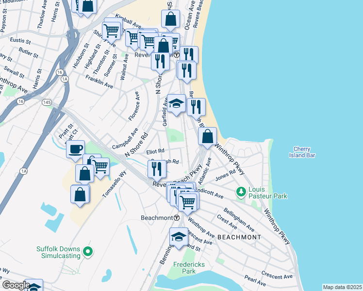 map of restaurants, bars, coffee shops, grocery stores, and more near 134 Eliot Road in Revere