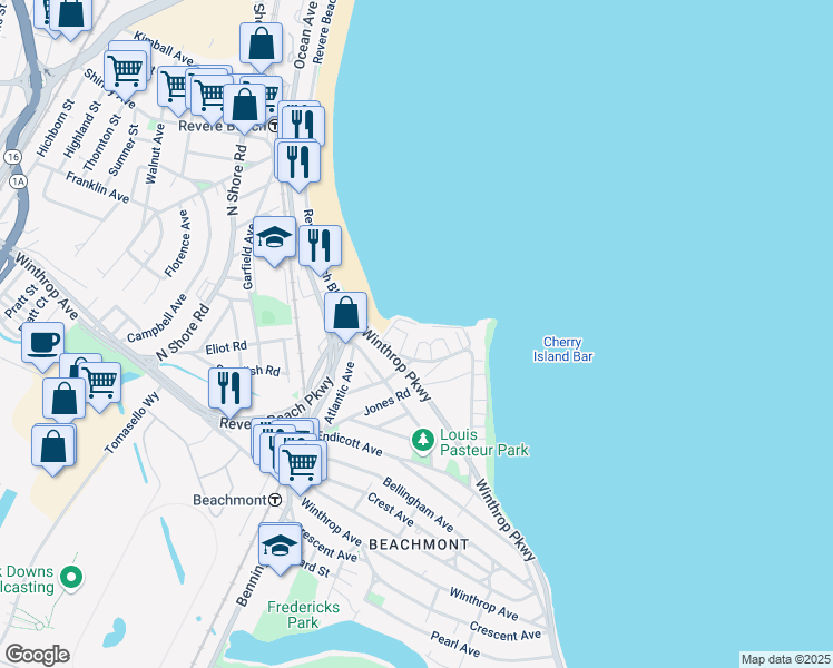 map of restaurants, bars, coffee shops, grocery stores, and more near 17b Walley Way in Revere