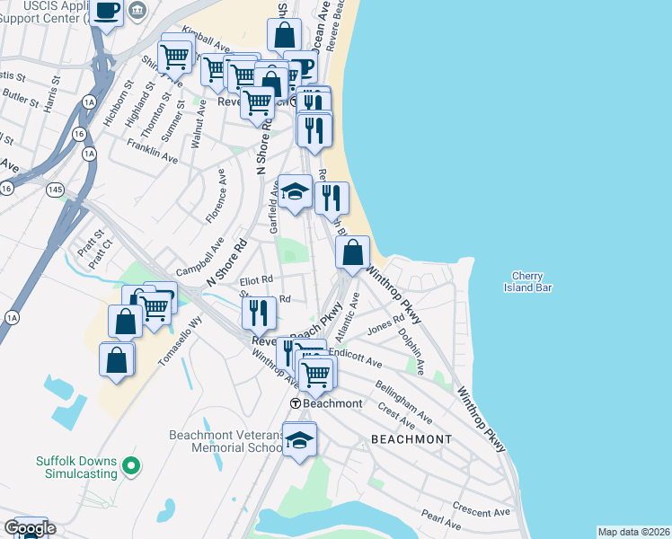 map of restaurants, bars, coffee shops, grocery stores, and more near in Revere
