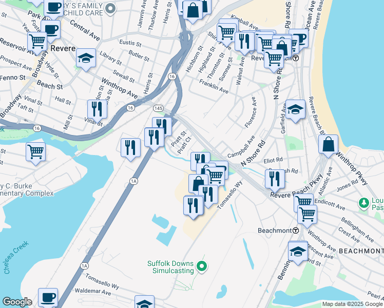 map of restaurants, bars, coffee shops, grocery stores, and more near 30 Pratt Place in Revere