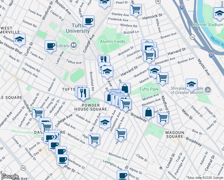 map of restaurants, bars, coffee shops, grocery stores, and more near 601 Boston Avenue in Medford