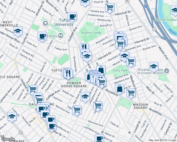 map of restaurants, bars, coffee shops, grocery stores, and more near 601 Boston Avenue in Medford