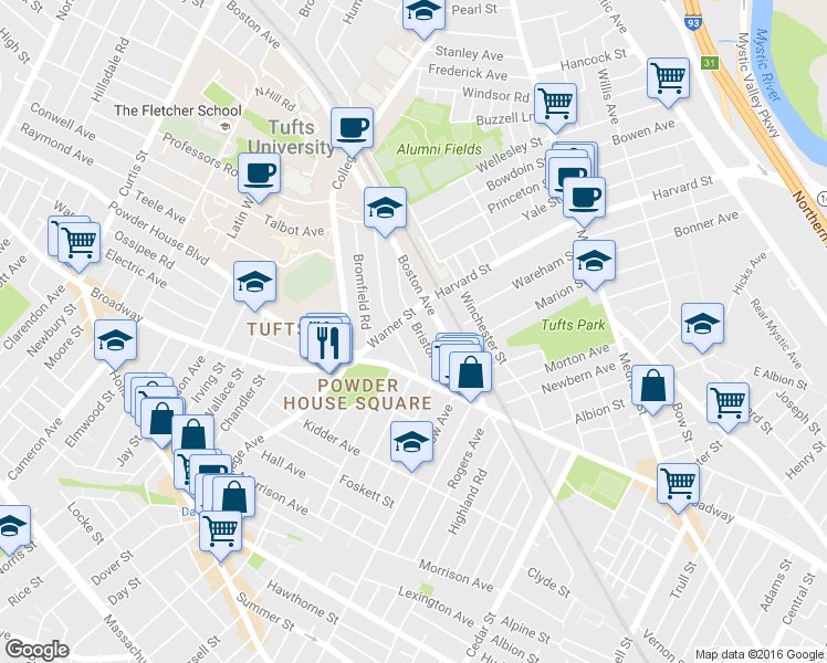map of restaurants, bars, coffee shops, grocery stores, and more near 37 Warner Street in Somerville