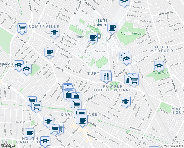map of restaurants, bars, coffee shops, grocery stores, and more near 42 Powder House Boulevard in Somerville