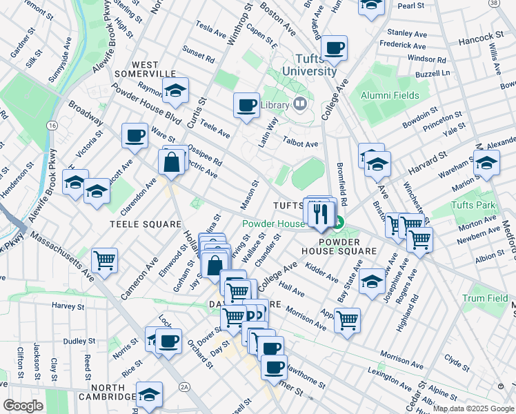 map of restaurants, bars, coffee shops, grocery stores, and more near 27 Burnham Street in Somerville