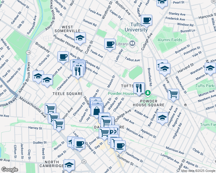 map of restaurants, bars, coffee shops, grocery stores, and more near 2 Whitman Street in Somerville