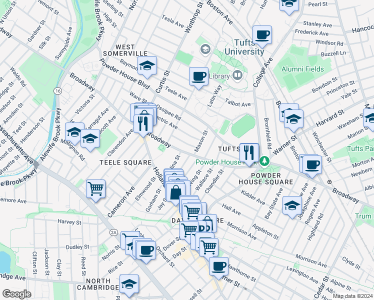 map of restaurants, bars, coffee shops, grocery stores, and more near 2 Whitman Street in Somerville