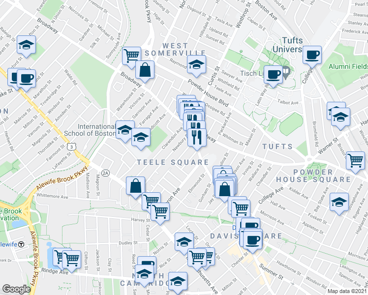 map of restaurants, bars, coffee shops, grocery stores, and more near 12 Moore Street in Somerville