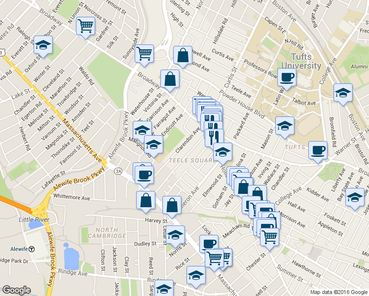 map of restaurants, bars, coffee shops, grocery stores, and more near 35 Newbury Street in Somerville