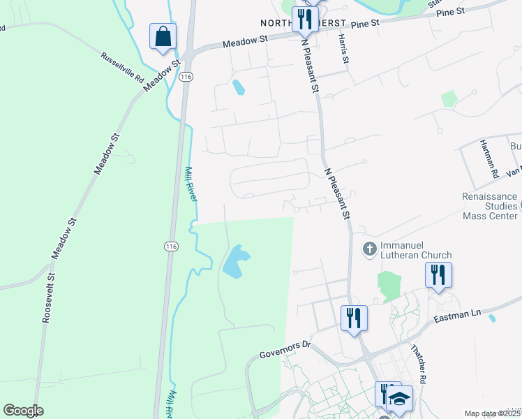 map of restaurants, bars, coffee shops, grocery stores, and more near 950 North Pleasant Street in Amherst
