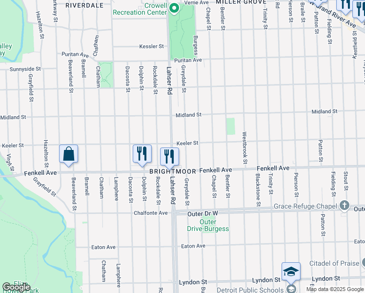 map of restaurants, bars, coffee shops, grocery stores, and more near 15373 Greydale Street in Detroit