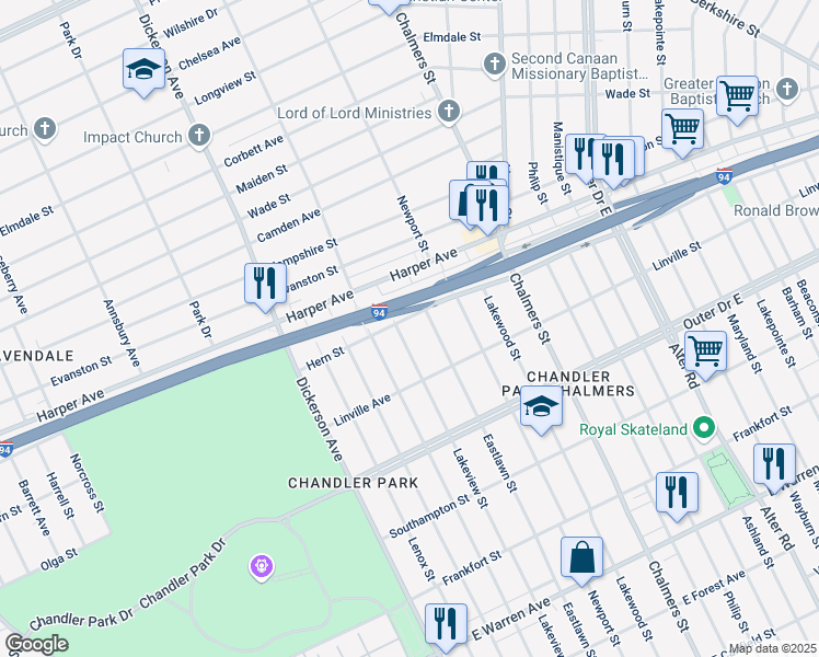 map of restaurants, bars, coffee shops, grocery stores, and more near 6006 Lakeview Street in Detroit