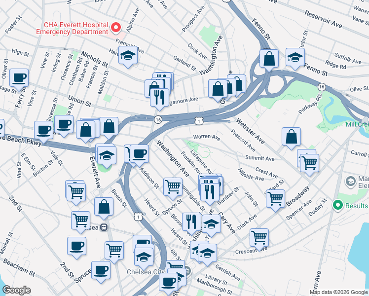 map of restaurants, bars, coffee shops, grocery stores, and more near 70 Lafayette Avenue in Chelsea