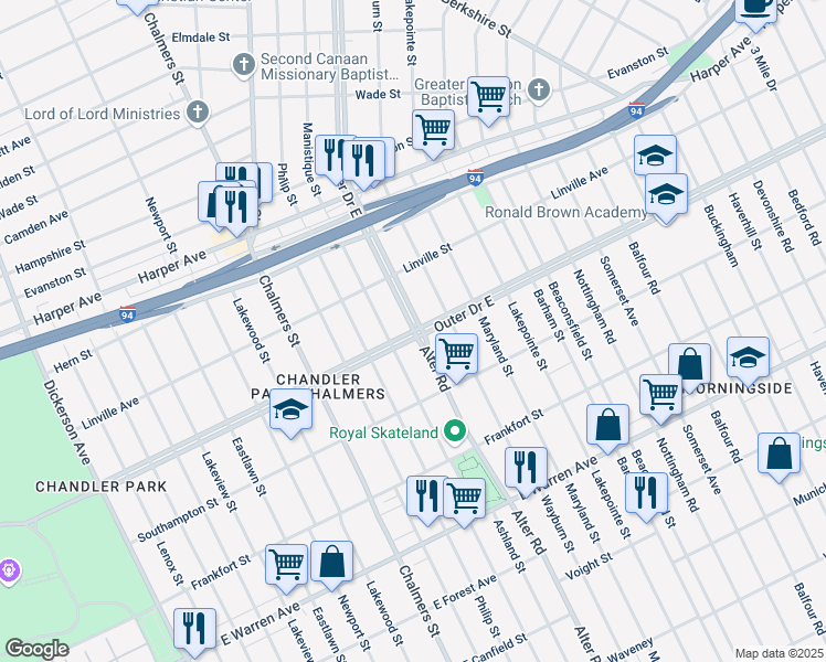 map of restaurants, bars, coffee shops, grocery stores, and more near Outer Dr E & Chandler Park Dr in Detroit