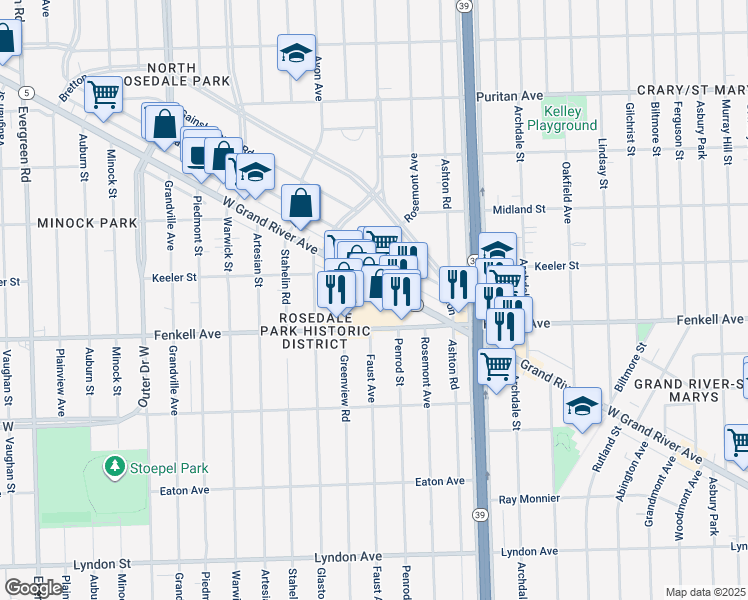 map of restaurants, bars, coffee shops, grocery stores, and more near 18453 Grand River Avenue in Detroit