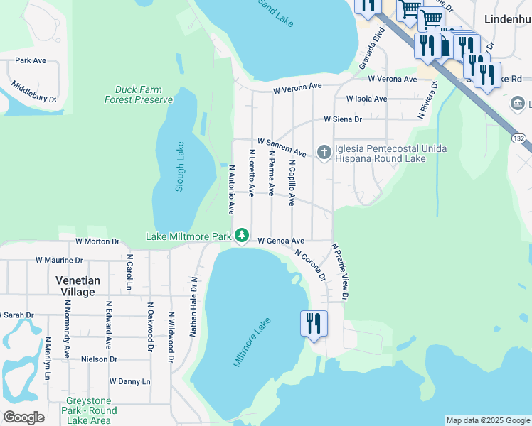 map of restaurants, bars, coffee shops, grocery stores, and more near 37084 North Parma Avenue in Lake Villa