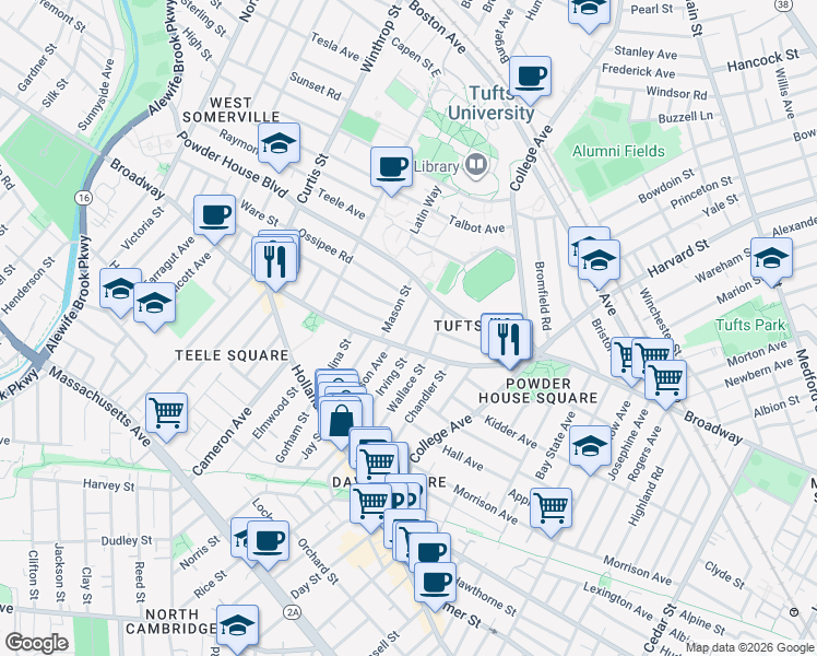 map of restaurants, bars, coffee shops, grocery stores, and more near 27 Burnham Street in Somerville