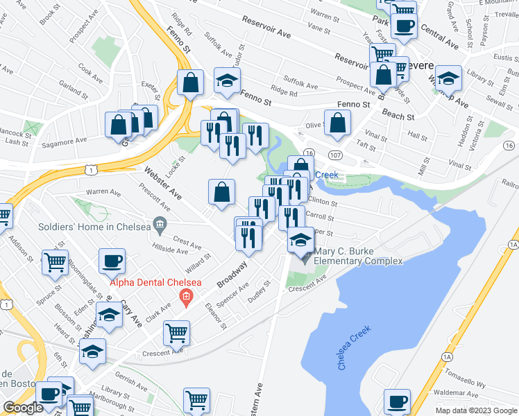 map of restaurants, bars, coffee shops, grocery stores, and more near 75 Gillooly Road in Chelsea