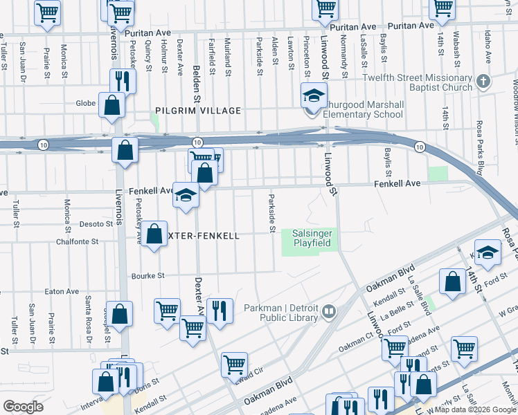 map of restaurants, bars, coffee shops, grocery stores, and more near 15078 Wildemere Street in Detroit