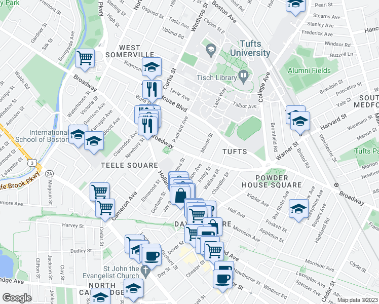 map of restaurants, bars, coffee shops, grocery stores, and more near 1029 Broadway in Somerville