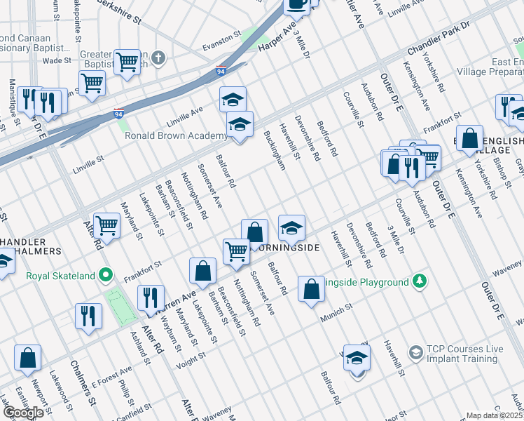map of restaurants, bars, coffee shops, grocery stores, and more near 5201 Chatsworth Street in Detroit