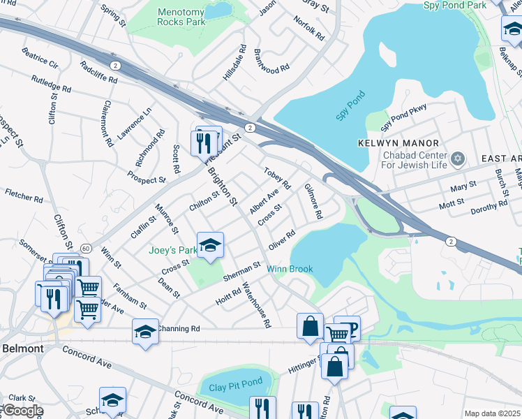 map of restaurants, bars, coffee shops, grocery stores, and more near 70 Albert Ave in Belmont