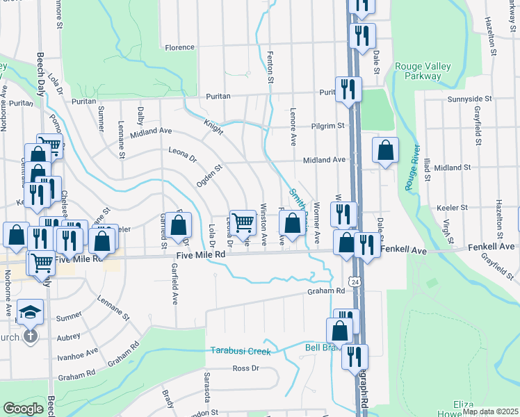 map of restaurants, bars, coffee shops, grocery stores, and more near 15439 Winston in Redford Charter Township