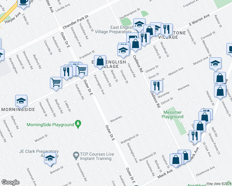 map of restaurants, bars, coffee shops, grocery stores, and more near 4470 Yorkshire Road in Detroit