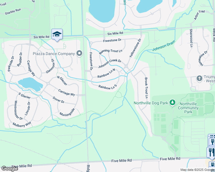 map of restaurants, bars, coffee shops, grocery stores, and more near 49072 Rainbow Lane South in Northville
