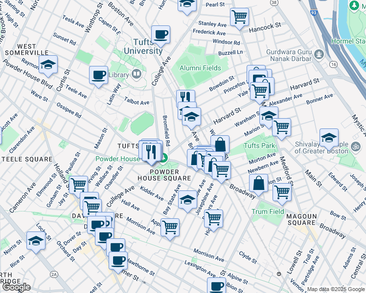 map of restaurants, bars, coffee shops, grocery stores, and more near 37 Warner Street in Somerville