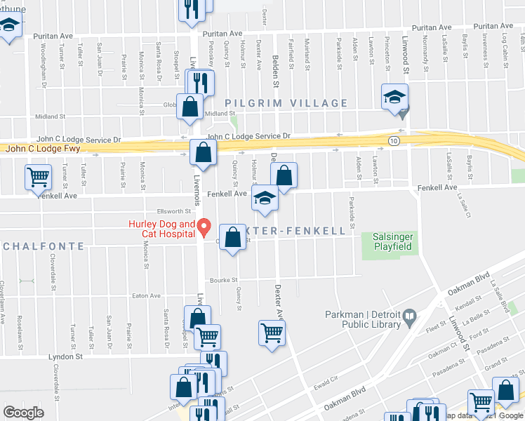 map of restaurants, bars, coffee shops, grocery stores, and more near 15090 Holmur Street in Detroit