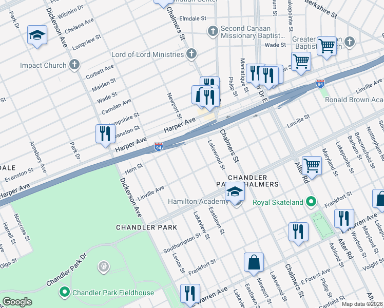 map of restaurants, bars, coffee shops, grocery stores, and more near 5974 Eastlawn St in Detroit
