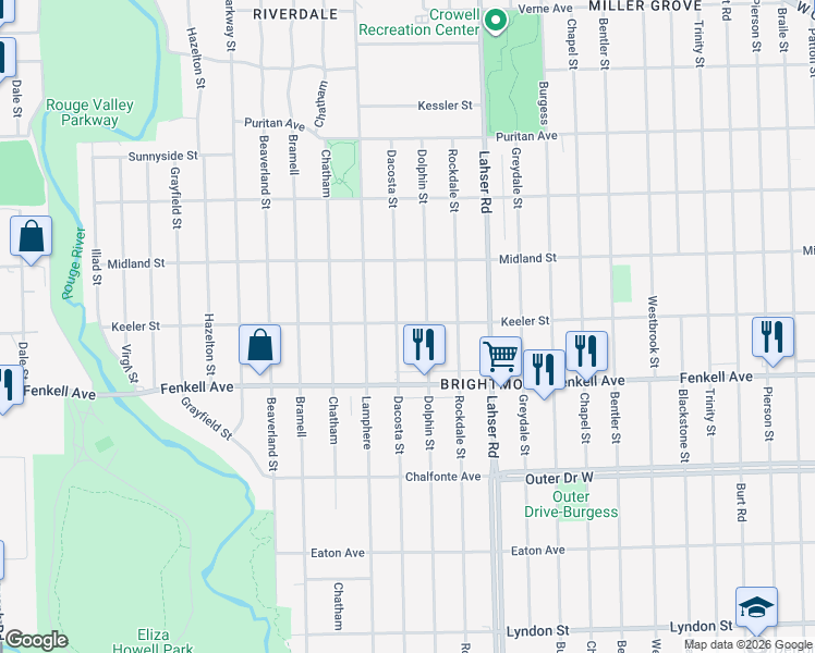 map of restaurants, bars, coffee shops, grocery stores, and more near 15376 Dacosta Street in Detroit