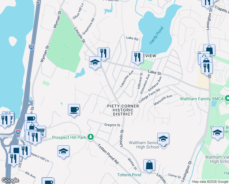 map of restaurants, bars, coffee shops, grocery stores, and more near 16 Lakeview Avenue in Waltham