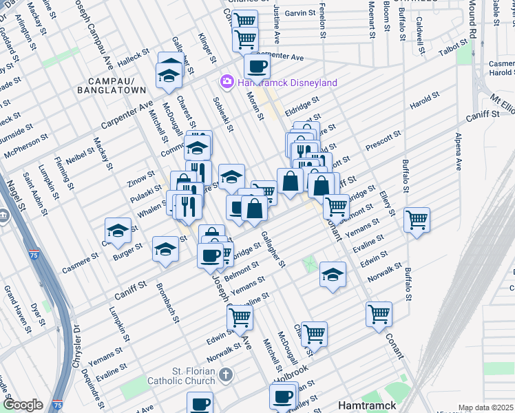 map of restaurants, bars, coffee shops, grocery stores, and more near 11350 Gallagher Street in Hamtramck