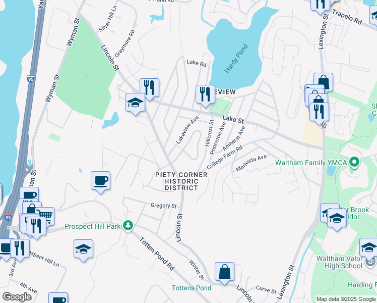 map of restaurants, bars, coffee shops, grocery stores, and more near 231 Pine Hill Circle in Waltham