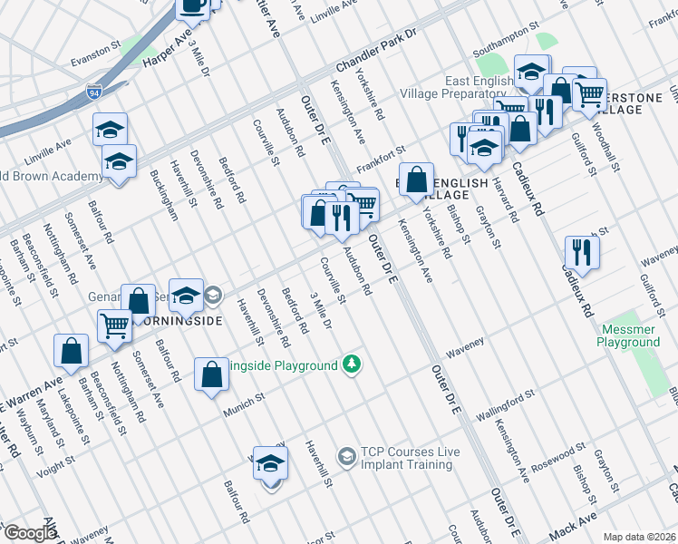 map of restaurants, bars, coffee shops, grocery stores, and more near 4860 Courville Street in Detroit