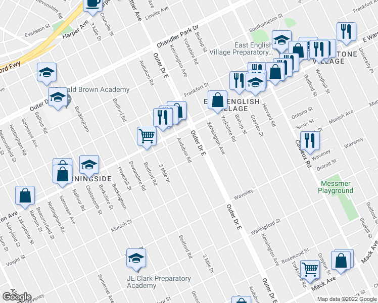 map of restaurants, bars, coffee shops, grocery stores, and more near 4828 Audubon Road in Detroit